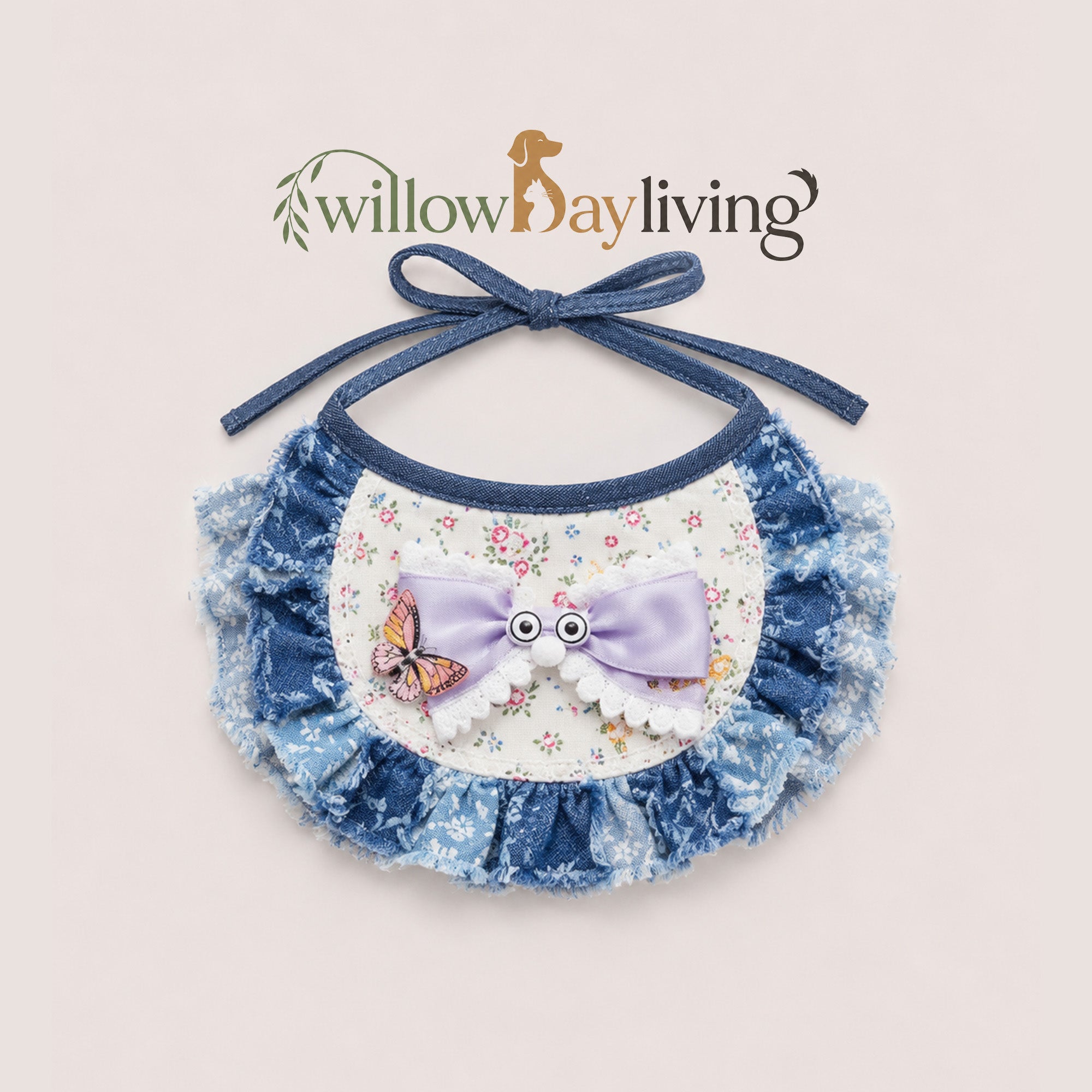 Retro Denim Kitty Bow Bib