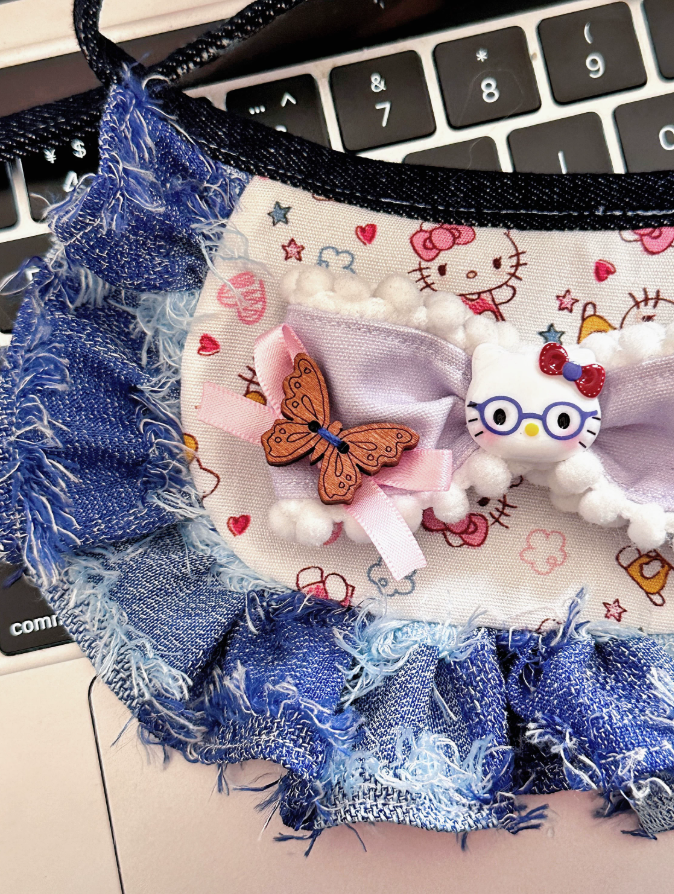 Retro Denim Kitty Bow Bib